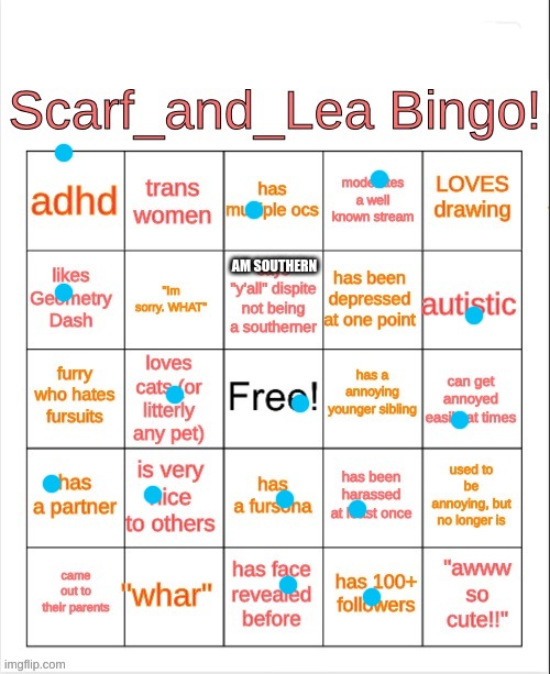 Scarf_and_Lea Bingo | AM SOUTHERN | image tagged in scarf_and_lea bingo | made w/ Imgflip meme maker