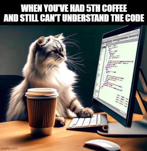 code | WHEN YOU'VE HAD 5TH COFFEE AND STILL CAN'T UNDERSTAND THE CODE | image tagged in code | made w/ Imgflip meme maker