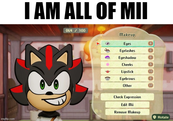 lmao | I AM ALL OF MII | image tagged in shadow the hedgehog,memes,sonic the hedgehog,sonic,mii,video games | made w/ Imgflip meme maker