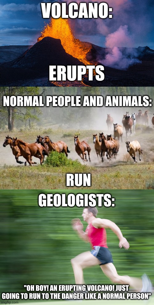 Geologists be like | VOLCANO:; ERUPTS; NORMAL PEOPLE AND ANIMALS:; RUN; GEOLOGISTS:; "OH BOY! AN ERUPTING VOLCANO! JUST GOING TO RUN TO THE DANGER LIKE A NORMAL PERSON" | image tagged in run | made w/ Imgflip meme maker