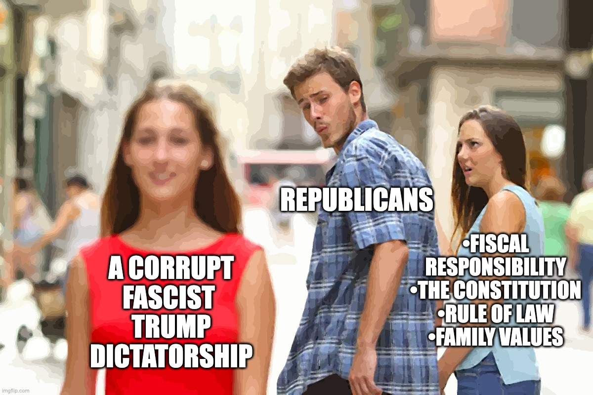 The fall of the GOP | REPUBLICANS; •FISCAL RESPONSIBILITY
•THE CONSTITUTION
•RULE OF LAW
•FAMILY VALUES; A CORRUPT
FASCIST 
TRUMP
DICTATORSHIP | image tagged in memes,distracted boyfriend | made w/ Imgflip meme maker