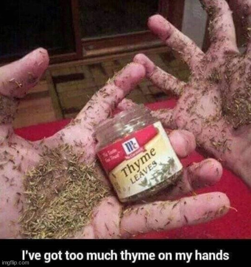 Too much thyme | image tagged in eye roll,thyme on my hands,too much | made w/ Imgflip meme maker