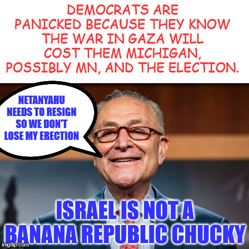 Chucky is in panic mode | DEMOCRATS ARE PANICKED BECAUSE THEY KNOW THE WAR IN GAZA WILL COST THEM MICHIGAN, POSSIBLY MN, AND THE ELECTION. NETANYAHU NEEDS TO RESIGN SO WE DON'T LOSE MY ERECTION; ISRAEL IS NOT A BANANA REPUBLIC CHUCKY | image tagged in chuck schumer,panic mode,democrats losing voters | made w/ Imgflip meme maker