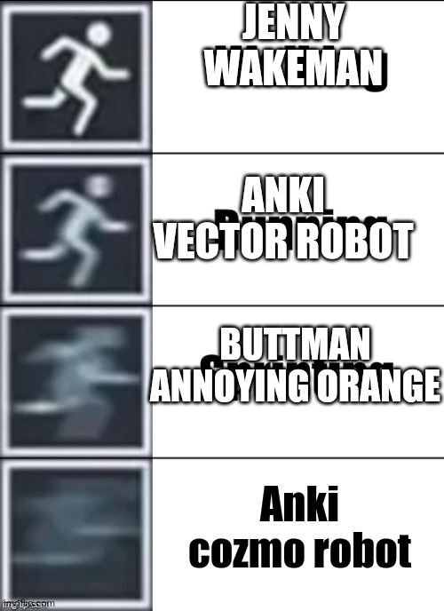 The robot buttman | JENNY WAKEMAN; ANKI VECTOR ROBOT; BUTTMAN ANNOYING ORANGE; Anki cozmo robot | image tagged in very fast | made w/ Imgflip meme maker