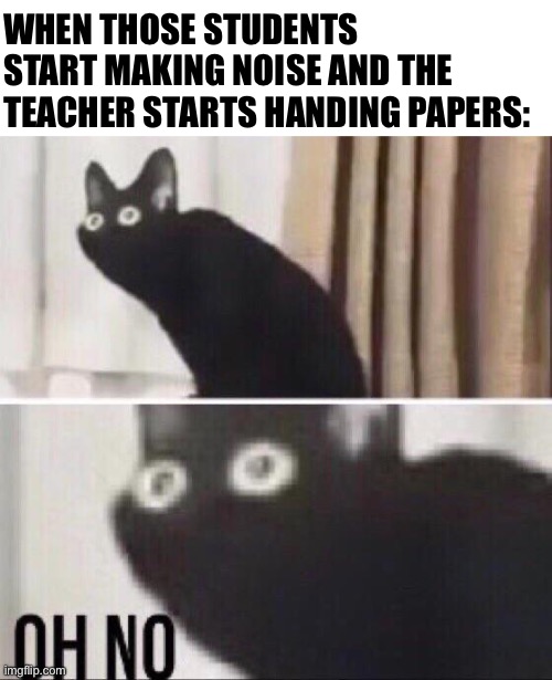 Pop quiz- | WHEN THOSE STUDENTS START MAKING NOISE AND THE TEACHER STARTS HANDING PAPERS: | image tagged in oh no cat | made w/ Imgflip meme maker