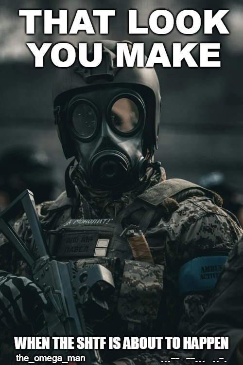 THAT LOOK YOU MAKE | THAT LOOK YOU MAKE; WHEN THE SHTF IS ABOUT TO HAPPEN; ...--  --...  ..-. the_omega_man | image tagged in that look,shtf,gasmask,tactical | made w/ Imgflip meme maker