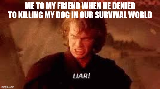 when my friend on minecraft deny to killing my dog in survival | ME TO MY FRIEND WHEN HE DENIED TO KILLING MY DOG IN OUR SURVIVAL WORLD | image tagged in anakin liar,minecraft dog,dog,survival,survivalworld | made w/ Imgflip meme maker