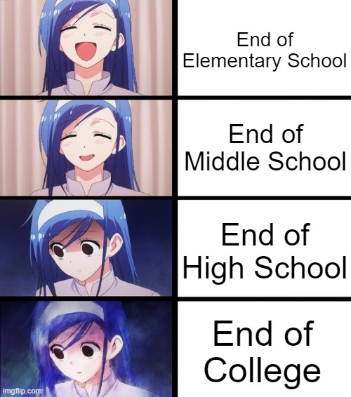 What life after school feels like | End of Elementary School; End of Middle School; End of High School; End of College | image tagged in distressed fumino,school,high school,middle school,college,elementary | made w/ Imgflip meme maker