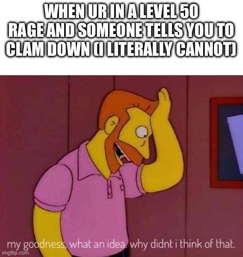 my goodness what an idea why didn't I think of that | WHEN UR IN A LEVEL 50 RAGE AND SOMEONE TELLS YOU TO CLAM DOWN (I LITERALLY CANNOT) | image tagged in my goodness what an idea why didn't i think of that | made w/ Imgflip meme maker