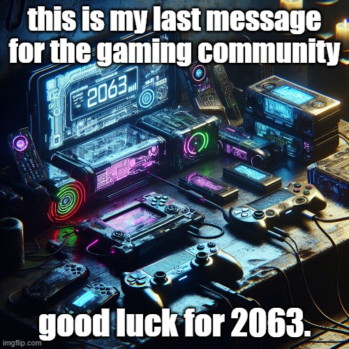 thanks for the consoles games. | this is my last message for the gaming community; good luck for 2063. | image tagged in video games,gaming,last words,nice,epic,cool | made w/ Imgflip meme maker