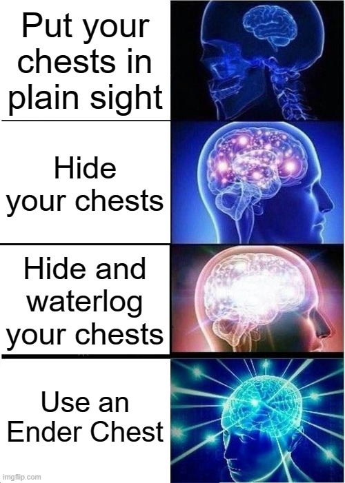 Chests | Put your chests in plain sight; Hide your chests; Hide and waterlog your chests; Use an Ender Chest | image tagged in memes,expanding brain | made w/ Imgflip meme maker