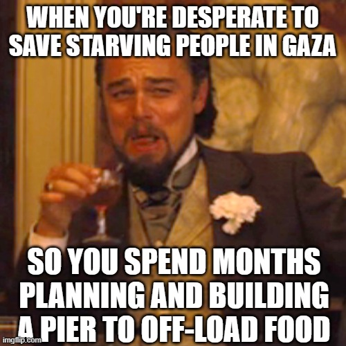 Laughing Leo | WHEN YOU'RE DESPERATE TO SAVE STARVING PEOPLE IN GAZA; SO YOU SPEND MONTHS PLANNING AND BUILDING A PIER TO OFF-LOAD FOOD | image tagged in memes,laughing leo | made w/ Imgflip meme maker