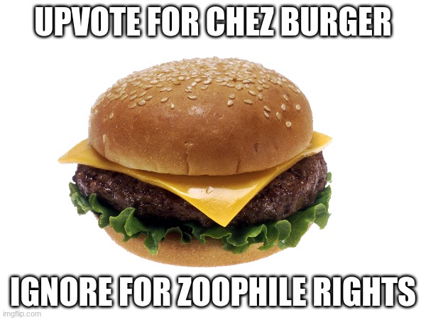 look at the tags | UPVOTE FOR CHEZ BURGER; IGNORE FOR ZOOPHILE RIGHTS | image tagged in cheeseburger,inside,paradise | made w/ Imgflip meme maker