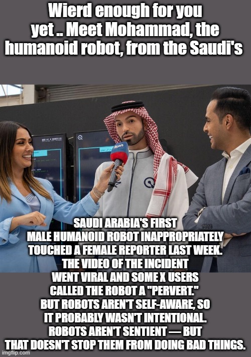 One of the first things it did was molest a women, how wierd is that ? | Wierd enough for you yet .. Meet Mohammad, the humanoid robot, from the Saudi's; SAUDI ARABIA'S FIRST MALE HUMANOID ROBOT INAPPROPRIATELY TOUCHED A FEMALE REPORTER LAST WEEK.
THE VIDEO OF THE INCIDENT WENT VIRAL AND SOME X USERS CALLED THE ROBOT A "PERVERT." 
BUT ROBOTS AREN'T SELF-AWARE, SO IT PROBABLY WASN'T INTENTIONAL.
ROBOTS AREN'T SENTIENT — BUT THAT DOESN'T STOP THEM FROM DOING BAD THINGS. | image tagged in pervert,machine | made w/ Imgflip meme maker