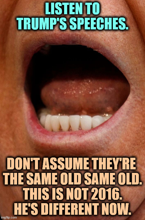 LISTEN TO TRUMP'S SPEECHES. DON'T ASSUME THEY'RE 

THE SAME OLD SAME OLD.
THIS IS NOT 2016. HE'S DIFFERENT NOW. | image tagged in trump,speeches,bonkers,crazy,dangerous,insane | made w/ Imgflip meme maker