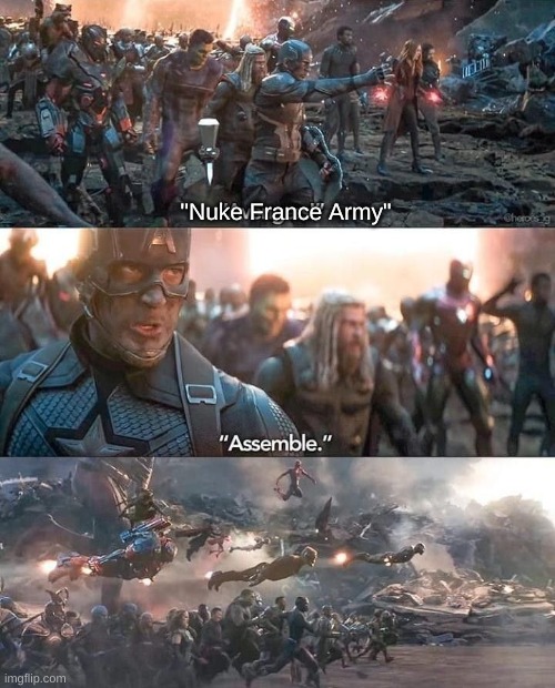 Avengers assemble | "Nuke France Army" | image tagged in avengers assemble | made w/ Imgflip meme maker