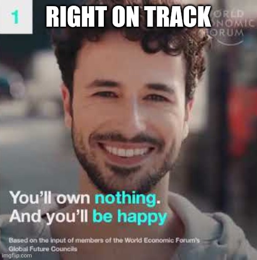 You'll own nothing, and you'll be happy | RIGHT ON TRACK | image tagged in you'll own nothing and you'll be happy | made w/ Imgflip meme maker
