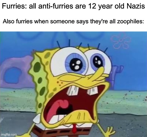 Furries are hypocrites | Furries: all anti-furries are 12 year old Nazis; Also furries when someone says they're all zoophiles: | image tagged in spongebob crying/screaming,furries,anti furry,hypocrisy | made w/ Imgflip meme maker