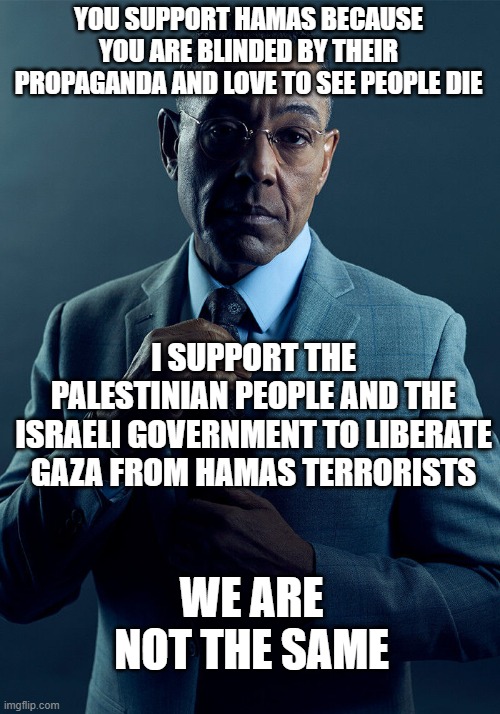 I support the Israeli government and the Palestinian people for peace while Hamas supporters support Hamas for more terror | YOU SUPPORT HAMAS BECAUSE YOU ARE BLINDED BY THEIR PROPAGANDA AND LOVE TO SEE PEOPLE DIE; I SUPPORT THE PALESTINIAN PEOPLE AND THE ISRAELI GOVERNMENT TO LIBERATE GAZA FROM HAMAS TERRORISTS; WE ARE NOT THE SAME | image tagged in gus fring we are not the same,israel,palestine,terrorist,terror | made w/ Imgflip meme maker
