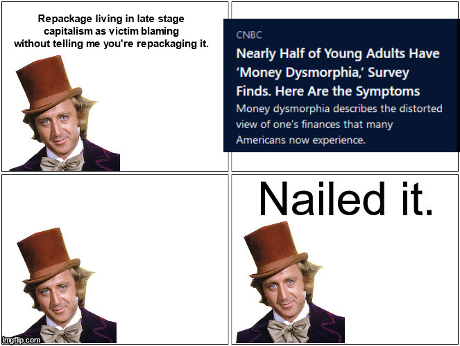 Nailed It Wonka | Repackage living in late stage capitalism as victim blaming without telling me you're repackaging it. | image tagged in nailed it wonka | made w/ Imgflip meme maker