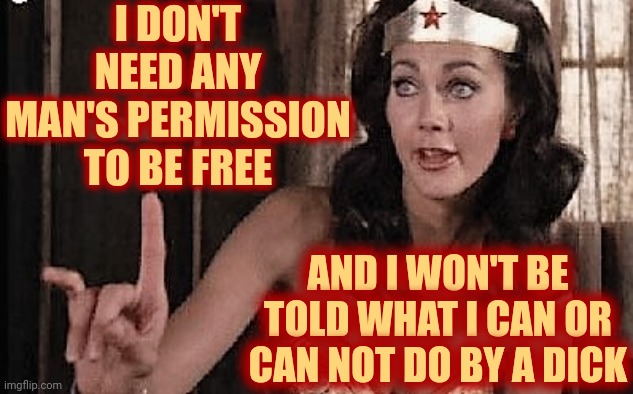 Absoduckinglutely Not.  Not Now. Not EVER! | I DON'T NEED ANY MAN'S PERMISSION TO BE FREE; AND I WON'T BE TOLD WHAT I CAN OR CAN NOT DO BY A DICK | image tagged in wonder woman oh no he di int,period,it's not a question,feminazi,triggered feminist,memes | made w/ Imgflip meme maker
