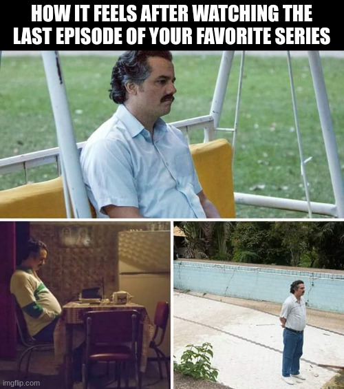 [0p3grij  ginhj jp9 g | HOW IT FEELS AFTER WATCHING THE LAST EPISODE OF YOUR FAVORITE SERIES | image tagged in memes,sad pablo escobar,series | made w/ Imgflip meme maker