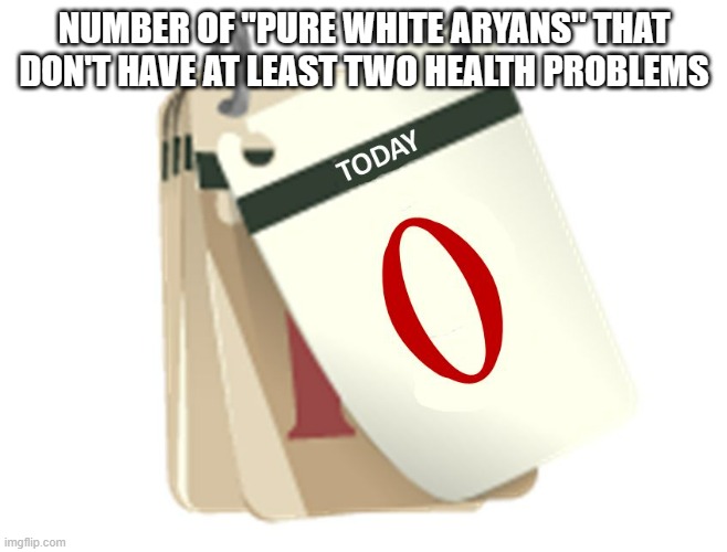 If a nazi thinks im prefect then they dont know i have health problems | NUMBER OF "PURE WHITE ARYANS" THAT DON'T HAVE AT LEAST TWO HEALTH PROBLEMS | image tagged in zero days | made w/ Imgflip meme maker