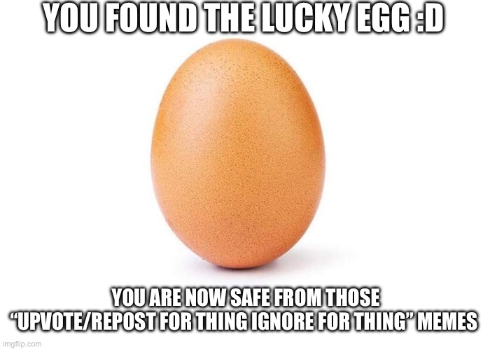 You found the lucky egg! :D | YOU FOUND THE LUCKY EGG :D; YOU ARE NOW SAFE FROM THOSE “UPVOTE/REPOST FOR THING IGNORE FOR THING” MEMES | image tagged in eggs,egg | made w/ Imgflip meme maker