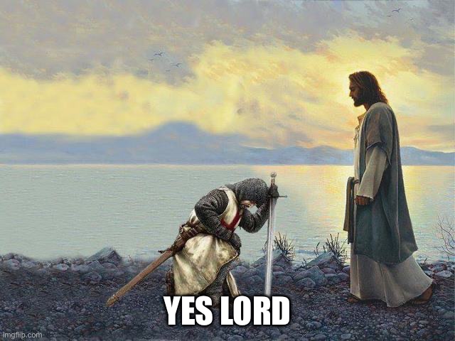 Templar knights kneeling | YES LORD | image tagged in templar knights kneeling | made w/ Imgflip meme maker