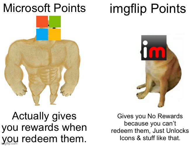 Buff Doge vs. Cheems Meme | Microsoft Points imgflip Points Actually gives you rewards when you redeem them. Gives you No Rewards because you can’t redeem them, Just Un | image tagged in memes,buff doge vs cheems | made w/ Imgflip meme maker