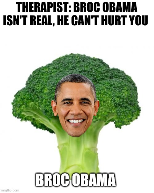Broc Obama | THERAPIST: BROC OBAMA ISN'T REAL, HE CAN'T HURT YOU; BROC OBAMA | image tagged in brocilli,food memes,vegetables,barack obama,jokes,jpfan102504 | made w/ Imgflip meme maker