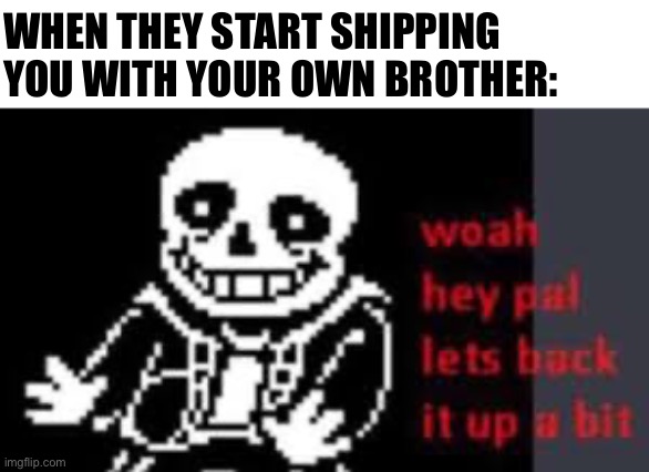 Sans X Papyrus,gross | WHEN THEY START SHIPPING YOU WITH YOUR OWN BROTHER: | image tagged in woah hey pal lets back it up a bit | made w/ Imgflip meme maker