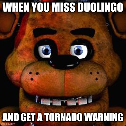 Five Nights At Freddys | WHEN YOU MISS DUOLINGO AND GET A TORNADO WARNING | image tagged in five nights at freddys | made w/ Imgflip meme maker