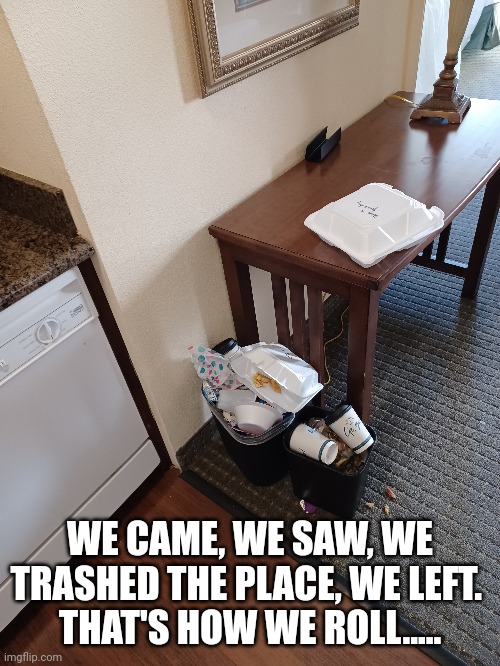 Trashed room | WE CAME, WE SAW, WE TRASHED THE PLACE, WE LEFT. 
THAT'S HOW WE ROLL..... | image tagged in hotel,trash can,party time | made w/ Imgflip meme maker