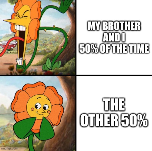 siblings be like: | MY BROTHER AND I 50% OF THE TIME; THE OTHER 50% | image tagged in angry flower,memes,relatable | made w/ Imgflip meme maker