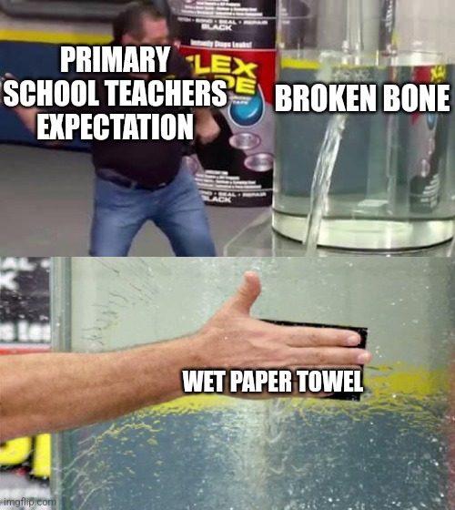 Flex Tape | PRIMARY SCHOOL TEACHERS EXPECTATION; BROKEN BONE; WET PAPER TOWEL | image tagged in flex tape | made w/ Imgflip meme maker