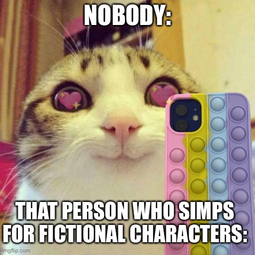 SIMP ALERT. | NOBODY:; THAT PERSON WHO SIMPS FOR FICTIONAL CHARACTERS: | image tagged in memes,smiling cat,simp,alert,simp-alert | made w/ Imgflip meme maker