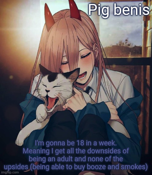 Pig benis; I'm gonna be 18 in a week. Meaning I get all the downsides of being an adult and none of the upsides (being able to buy booze and smokes) | image tagged in another degenerate waifu announcement temp | made w/ Imgflip meme maker