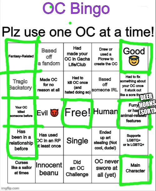 OC Bingo | DEER HORNS (SORTA) | image tagged in oc bingo | made w/ Imgflip meme maker