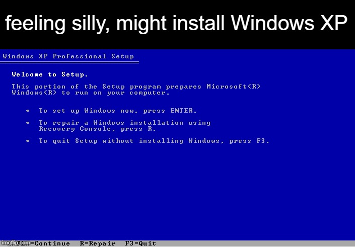 feeling silly, might install Windows XP | made w/ Imgflip meme maker