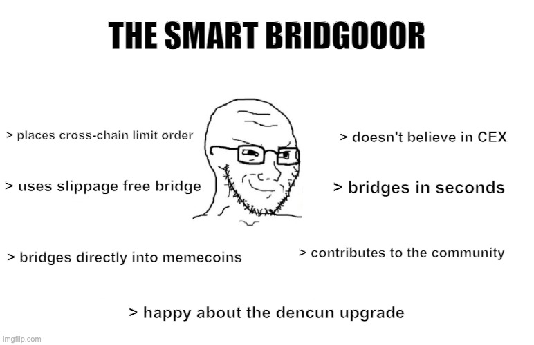 Bridgoor | THE SMART BRIDGOOOR; > places cross-chain limit order; > doesn't believe in CEX; > uses slippage free bridge; > bridges in seconds; > contributes to the community; > bridges directly into memecoins; > happy about the dencun upgrade | image tagged in web3 | made w/ Imgflip meme maker