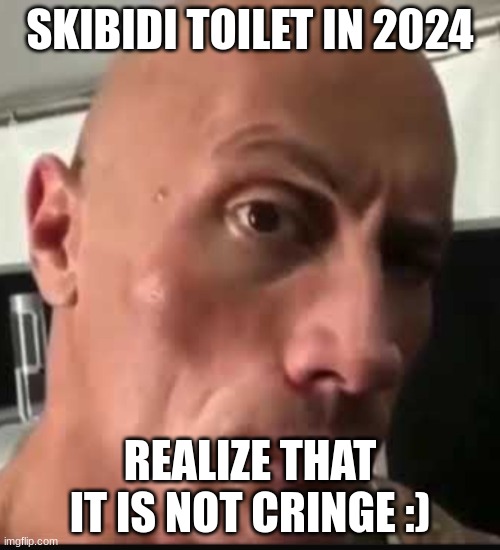 Dwayne Johnson eyebrow raise | SKIBIDI TOILET IN 2024; REALIZE THAT IT IS NOT CRINGE :) | image tagged in dwayne johnson eyebrow raise | made w/ Imgflip meme maker