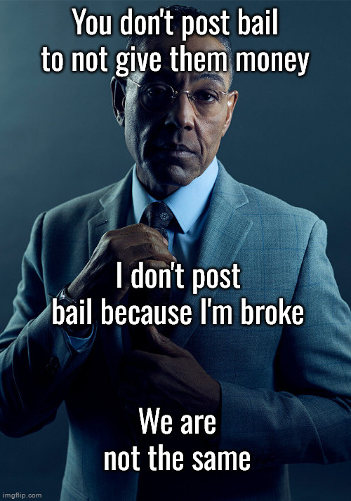 Gus Fring we are not the same | You don't post bail to not give them money; I don't post bail because I'm broke; We are not the same | image tagged in gus fring we are not the same | made w/ Imgflip meme maker