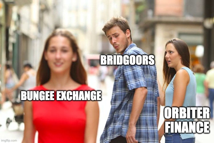 bungee | BRIDGOORS; BUNGEE EXCHANGE; ORBITER FINANCE | image tagged in memes,distracted boyfriend,crypto,bridge | made w/ Imgflip meme maker