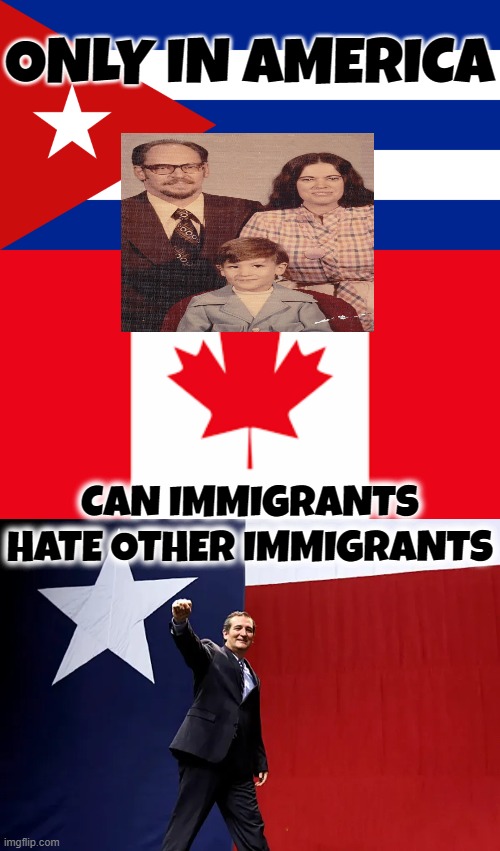 ONLY IN AMERICA, WHERE IMMIGRANTS HATE OTHER IMMIGRANTS | ONLY IN AMERICA; CAN IMMIGRANTS HATE OTHER IMMIGRANTS | image tagged in ted cruz,immigrant,canada,cuba,texas,hypocrite | made w/ Imgflip meme maker