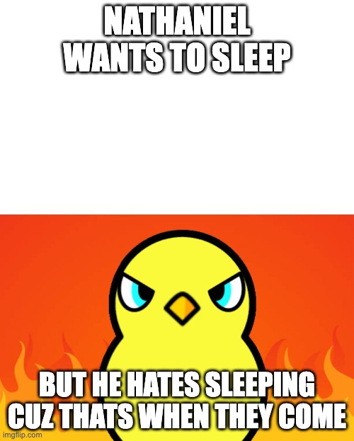 Duck Life Duck Hates | NATHANIEL WANTS TO SLEEP; BUT HE HATES SLEEPING CUZ THATS WHEN THEY COME | image tagged in duck life duck hates | made w/ Imgflip meme maker