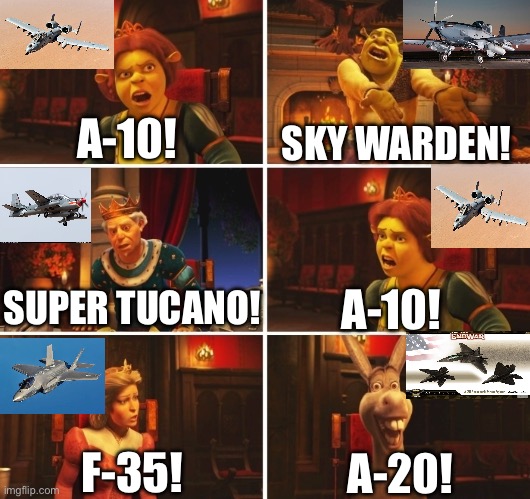 Best Ground Attack Plane | A-10! SKY WARDEN! A-10! SUPER TUCANO! A-20! F-35! | image tagged in shrek fiona harold donkey,fighter jet,military,video games | made w/ Imgflip meme maker