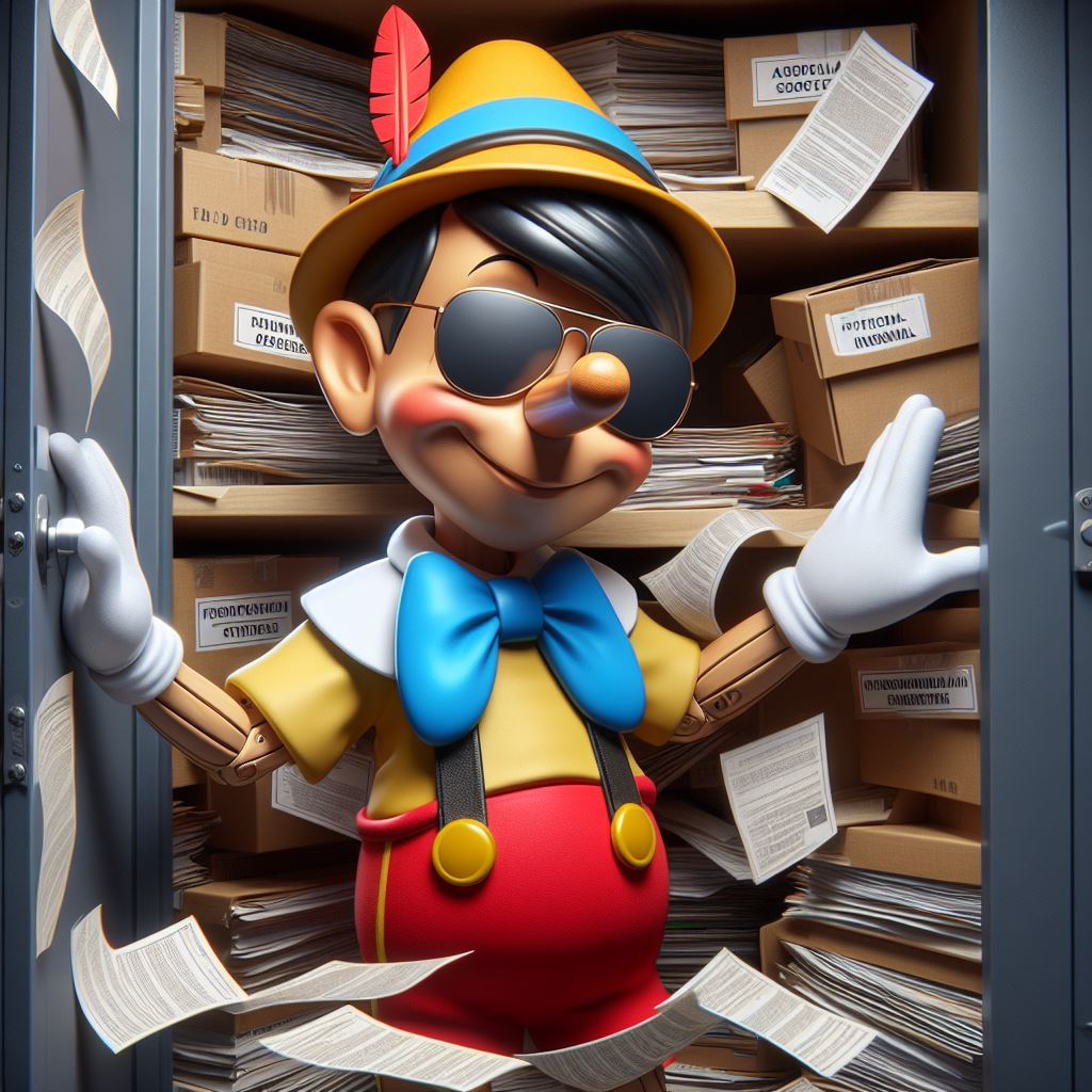 Pinocchio in sunglasses holding back boxes of loose documents Blank Meme Template