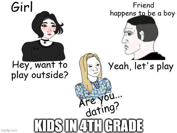That one kid will spread gossip through the whole class | Girl; Friend happens to be a boy; Hey, want to play outside? Yeah, let's play; Are you... dating? KIDS IN 4TH GRADE | image tagged in girl boy memes,girls vs boys,girls vs boys memes,school memes | made w/ Imgflip meme maker
