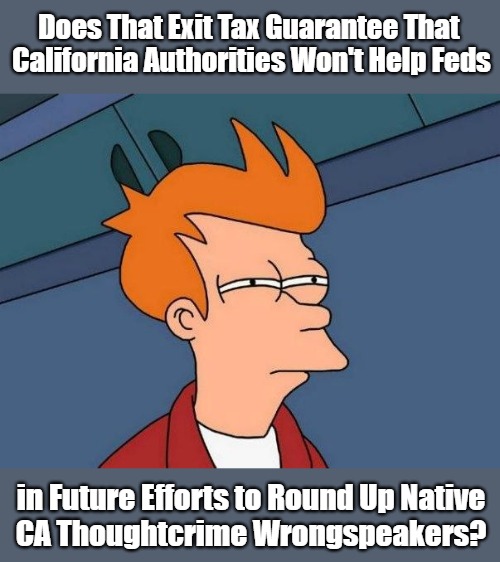 Not sure if- fry | Does That Exit Tax Guarantee That 

California Authorities Won't Help Feds in Future Efforts to Round Up Native

CA Thoughtcrime Wrongspeake | image tagged in not sure if- fry | made w/ Imgflip meme maker